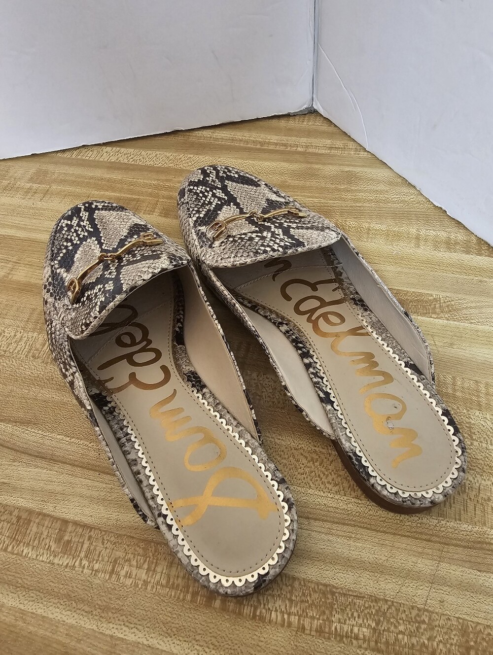 Sam Edelman Linnie Mules Loafers Shoes Womens Size 7.5M Nude Snakeskin Gold Bit